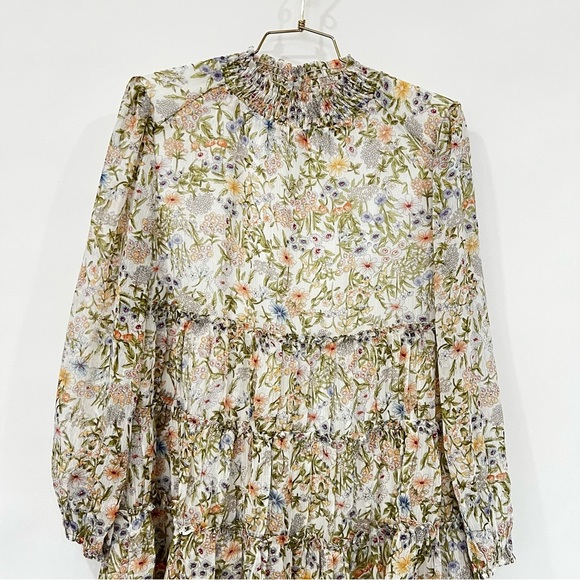 Floral Mini Dress Smocked Neck Tiered Sheer Long Sleeve Lined Multicolored - Picture 9 of 12